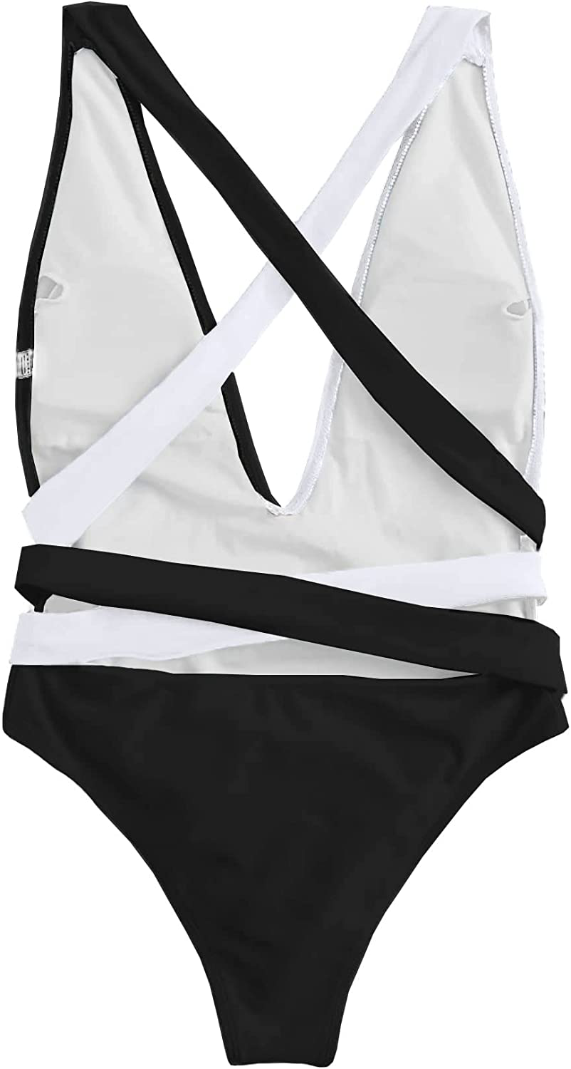 Lilosy Sexy Self Tie Criss Cross Plunge Backless High Cut Thong One Piece Swimsuit for Women Padded Bathing Suit Bikini Apparel & Accessories > Clothing > Swimwear Kylie Max   