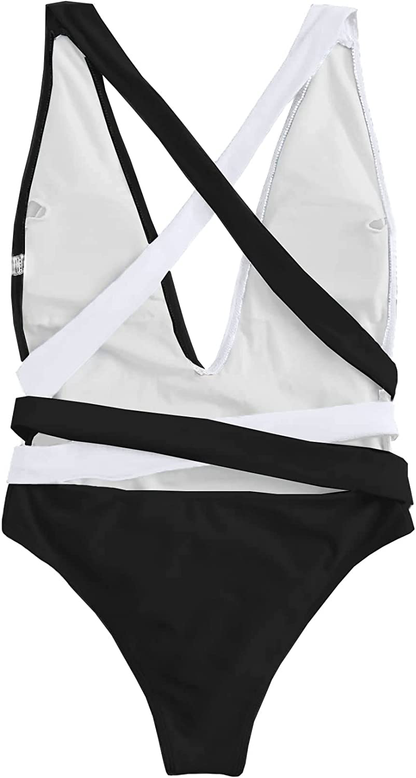 Lilosy Sexy Self Tie Criss Cross Plunge Backless High Cut Thong One Piece Swimsuit for Women Padded Bathing Suit Bikini Apparel & Accessories > Clothing > Swimwear Kylie Max   