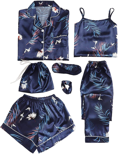 Shein Women'S 7Pcs Printed Cami and Shorts Satin Pajama Set with Shirt and Eye Mask Apparel & Accessories > Clothing > Sleepwear & Loungewear Kylie Max   