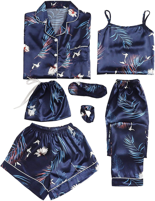Shein Women'S 7Pcs Printed Cami and Shorts Satin Pajama Set with Shirt and Eye Mask Apparel & Accessories > Clothing > Sleepwear & Loungewear Kylie Max   