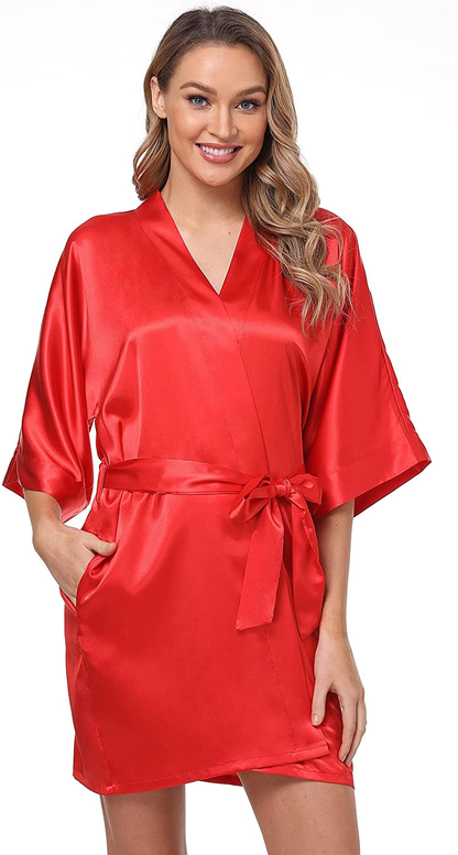 The Bund Women'S Short Robes Lace Bride Bridesmaids Sexy Bathrobe Satin Spa Robe Pure Color Apparel & Accessories > Clothing > Sleepwear & Loungewear > Robes The Bund Red Large 