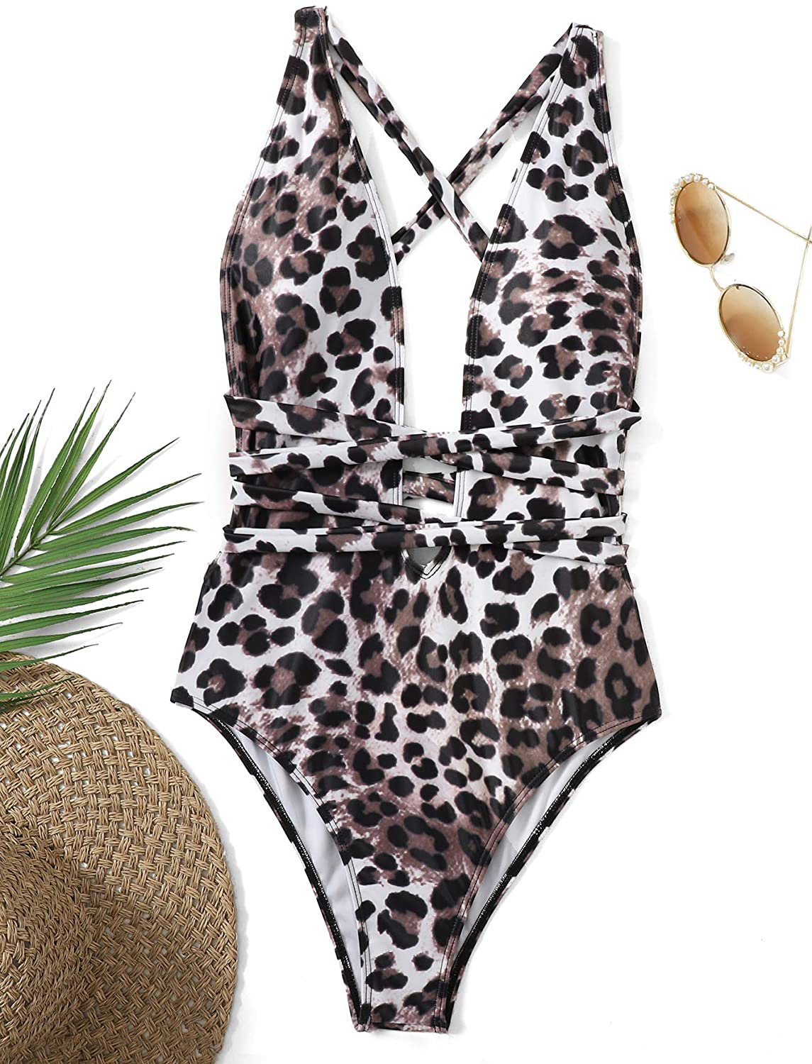 Sweatyrocks Women'S Sexy Bathing Suits Criss Cross Tie Knot Front Deep V Open Back Leopard One Piece Swimwear Apparel & Accessories > Clothing > Swimwear Kylie Max   