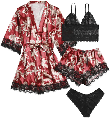 WDIRARA Women'S 4 Pieces Satin Floral Lace Cami Top Lingerie Pajama Set with Robe Apparel & Accessories > Clothing > Underwear & Socks > Lingerie WDIRARA Black and Red Medium 