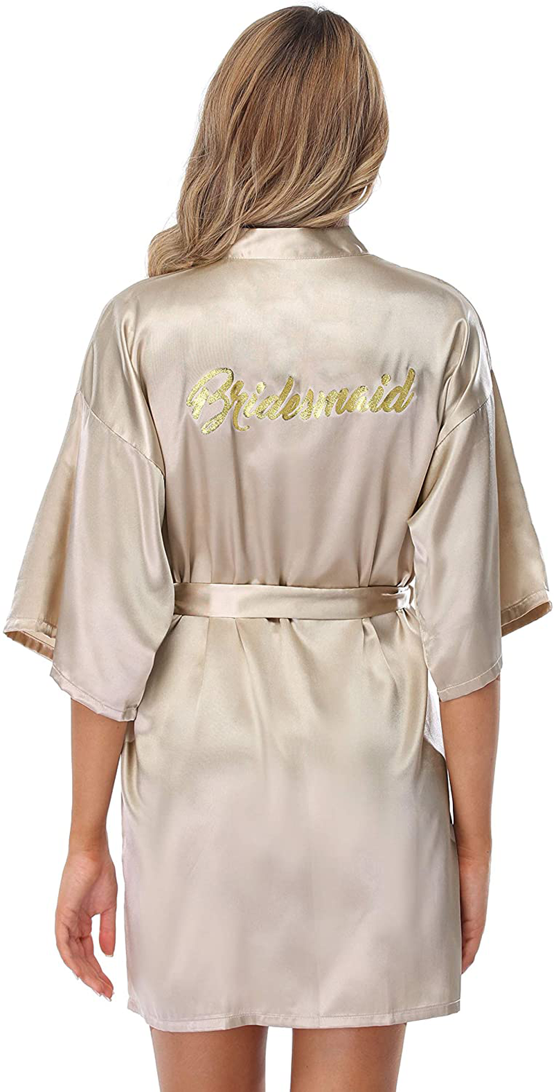 Vlazom Women'S Satin Robe Short Kimono for Bride & Bridesmaid Wedding Party Robes with Gold Glitter or Rhinestones Apparel & Accessories > Clothing > Sleepwear & Loungewear > Robes KYLIE MAX Dark Champagne for Bridesmaid Small 