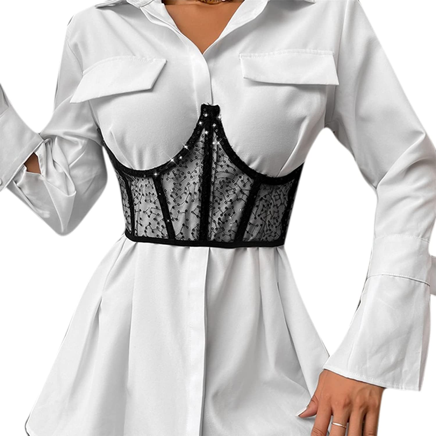 JUMISEE Women See through Mesh Lace up Bustier Corset Metal Chain Boned Overbust Waist Cincher Wide Belt Apparel & Accessories > Clothing > Underwear & Socks > Lingerie JUMISEE   
