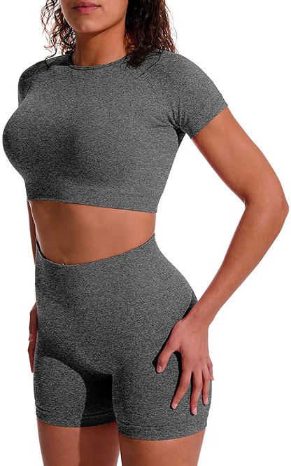 OYS Women'S Yoga 2 Piece Outfits Workout Running Crop Top Seamless High Waist Sports Shorts Sets Apparel & Accessories > Clothing > Underwear & Socks > Lingerie OYS 1#grey Large 