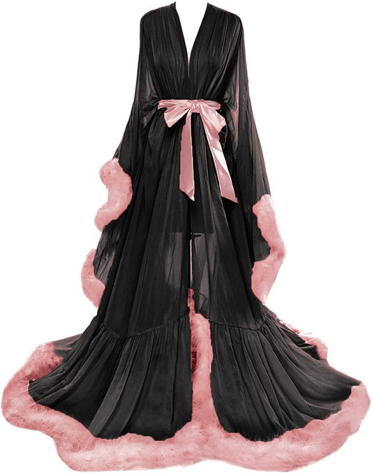 Molisa Women'S Sexy Feather Bridal Robe Long Wedding Scarf Illusion Bathrobe Sleepwear Lingerie Robe Nightgown Apparel & Accessories > Clothing > Sleepwear & Loungewear > Robes Molisa Black+dusty Rose Large-X-Large 