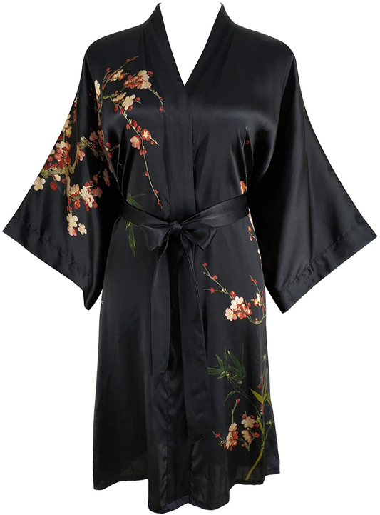 Ledamon Women'S 100% Silk Kimono Short Robe Apparel & Accessories > Clothing > Sleepwear & Loungewear > Robes Ledamon Black  