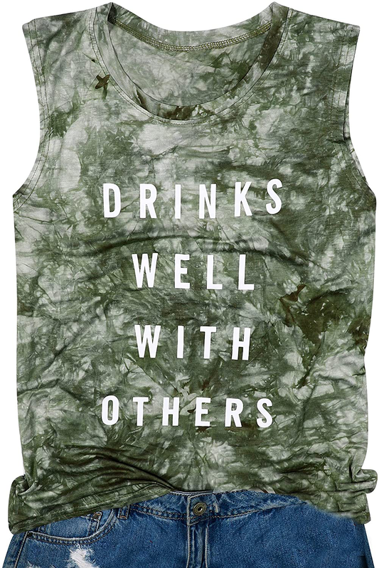 Drinks Well with Others Muscle Tank Tops Womens Funny Drinking Alcohol Sleeveless Letter Printed Graphic Tee Shirt Tops Apparel & Accessories > Clothing > Activewear Kylie Max   
