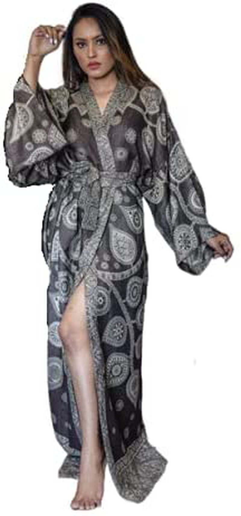 Cashmere Kimono Robe Long Robes with Nature Printed Handmade Nightgown MADE in INDIA Apparel & Accessories > Clothing > Sleepwear & Loungewear > Robes Generic Dark Chocolate Small 
