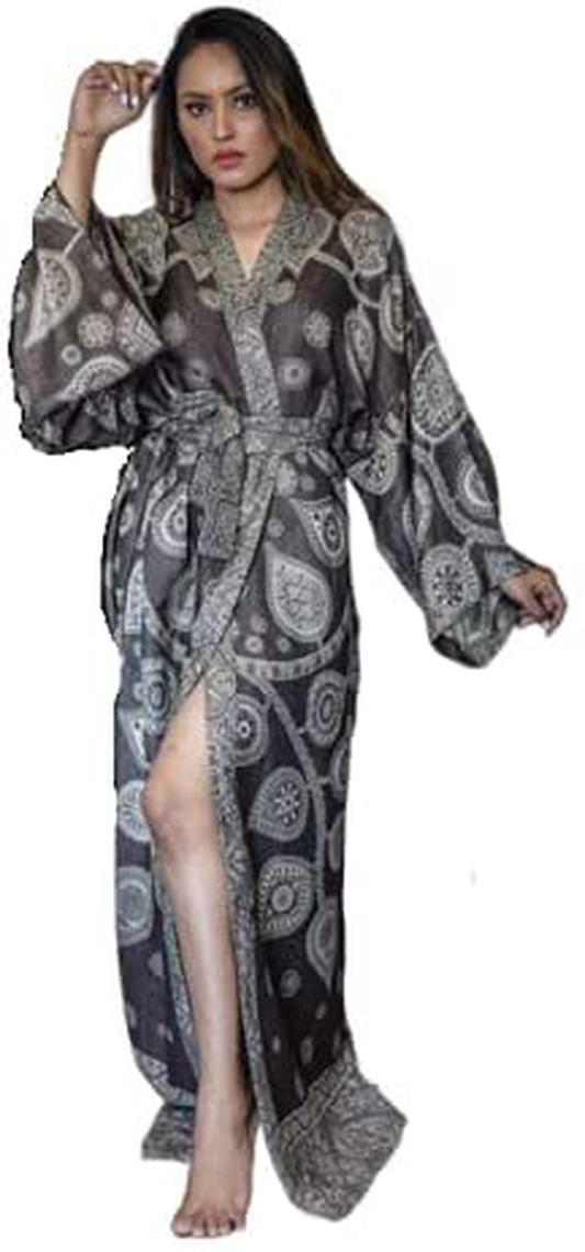 Cashmere Kimono Robe Long Robes with Nature Printed Handmade Nightgown MADE in INDIA Apparel & Accessories > Clothing > Sleepwear & Loungewear > Robes Generic Dark Chocolate Small 