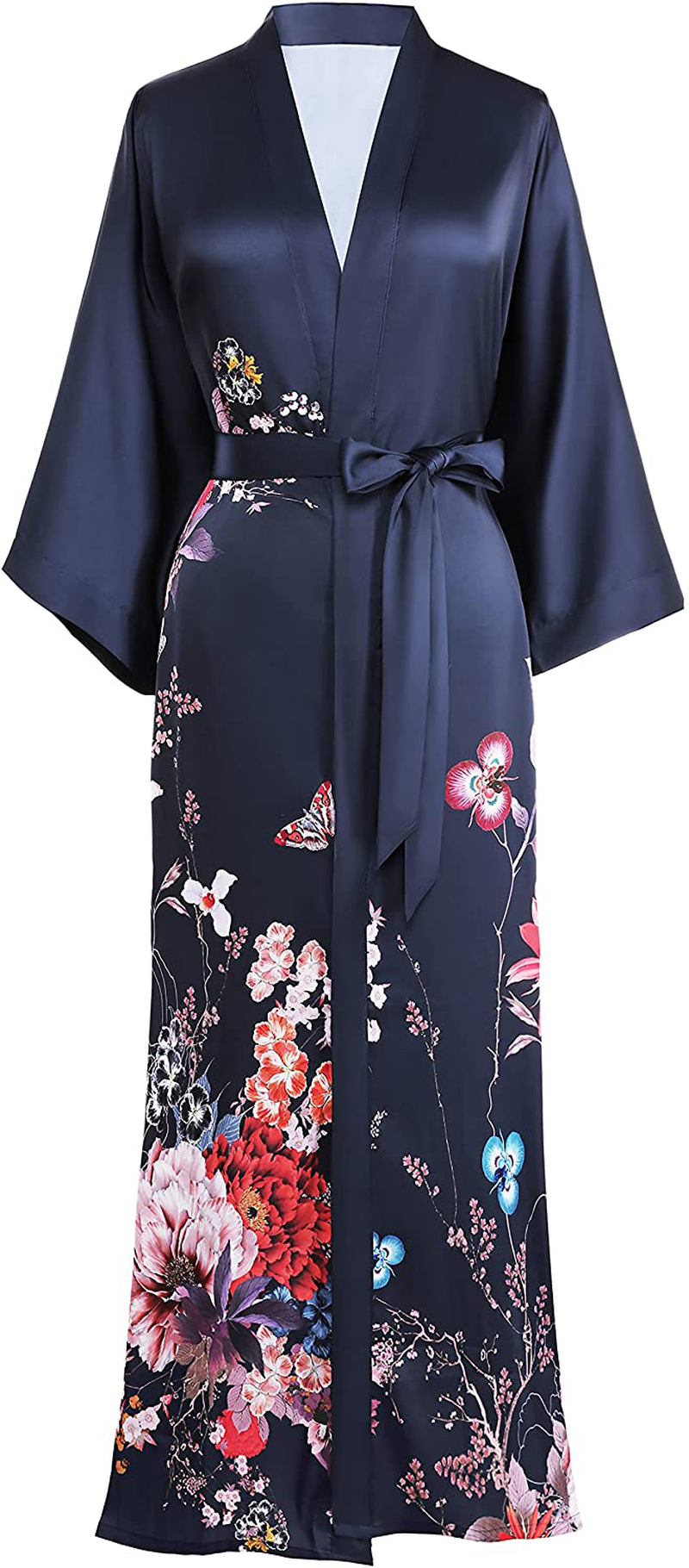 PRODESIGN Long Kimono Robe Satin Sleepwear Gradient Watercolor Silky Kimono Nightgown Bathrobe Kimono Blouse Cardigan Apparel & Accessories > Clothing > Sleepwear & Loungewear > Robes KYLIE MAX Carnation - Navy Blue  