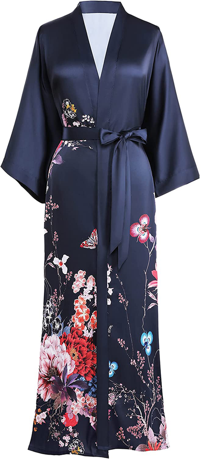 PRODESIGN Long Kimono Robe Satin Sleepwear Gradient Watercolor Silky Kimono Nightgown Bathrobe Kimono Blouse Cardigan Apparel & Accessories > Clothing > Sleepwear & Loungewear > Robes KYLIE MAX Carnation - Navy Blue  