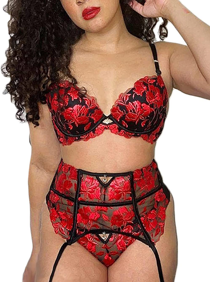 Kaei&Shi Heavily Embroidered Floral, High Waisted Belt, 3 Pieces Garter Lingerie Apparel & Accessories > Clothing > Underwear & Socks > Lingerie Kaei&Shi Red 4-6 
