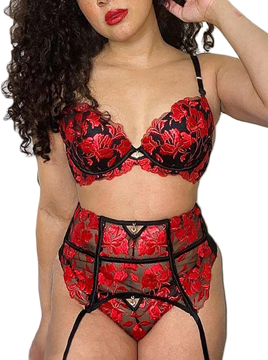 Kaei&Shi Heavily Embroidered Floral, High Waisted Belt, 3 Pieces Garter Lingerie Apparel & Accessories > Clothing > Underwear & Socks > Lingerie Kaei&Shi Red 4-6 
