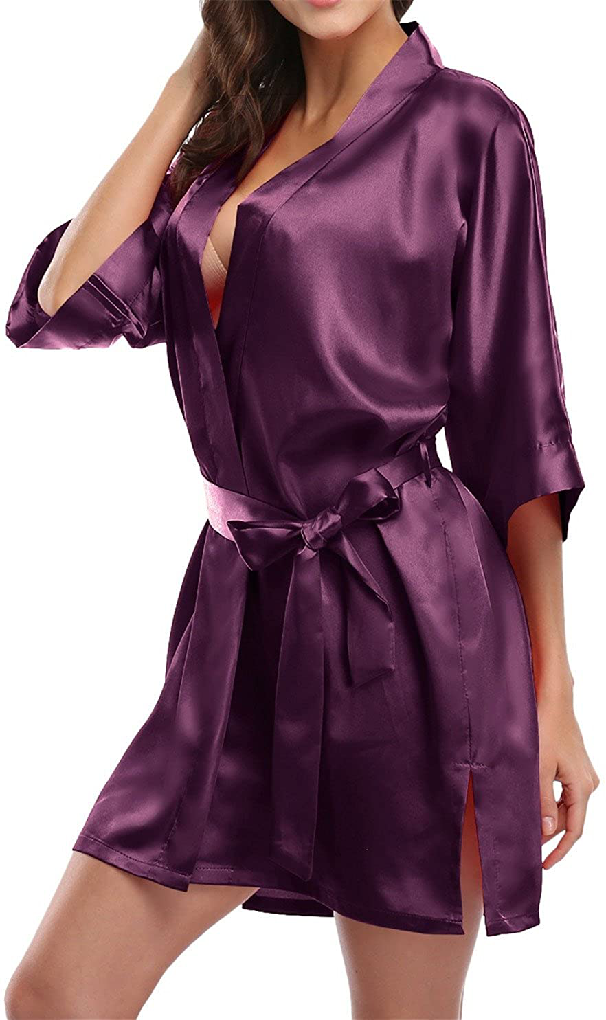 Giova Women'S Short Kimono Robe Solid Color Wedding Party Bathrobe Lightweight Apparel & Accessories > Clothing > Sleepwear & Loungewear > Robes Giova Deep Purple Large 