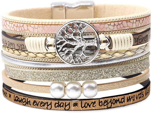 Inspirational Tree of Life Leather Bracelets for Women,Christmas Birthday Jewelry Gifts for Teen Girls Arts & Entertainment > Party & Celebration > Gift Giving Desimtion Beige  