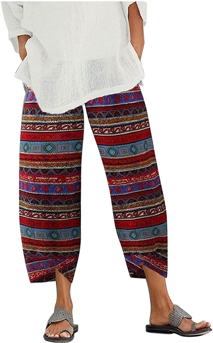 Burband Womens Thai Pants Bohemian Yoga High Waist Harem Pants Flowy Floral Print Wide Leg Palazzo Lounge Trousers Apparel & Accessories > Clothing > Underwear & Socks > Shapewear Burband Red Large 