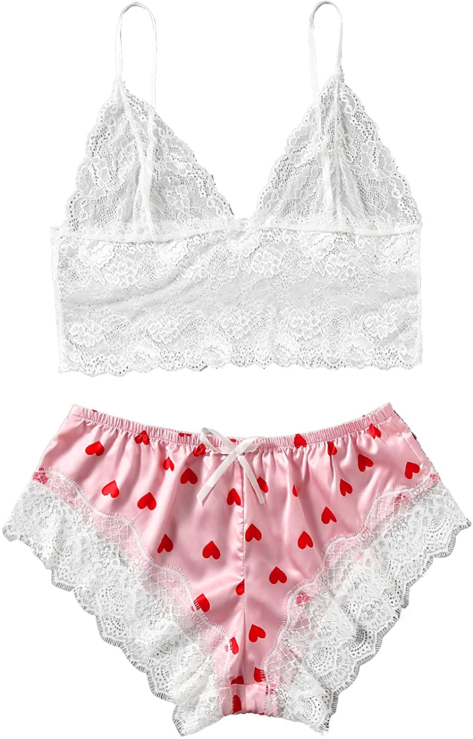 SOLY HUX Women'S plus Size Spaghetti Strap Lace Trim Bralette and Shorts Sleepwear Pajama Lingerie Set Apparel & Accessories > Clothing > Underwear & Socks > Lingerie KYLIE MAX Light Pink Heart X-Large Plus 