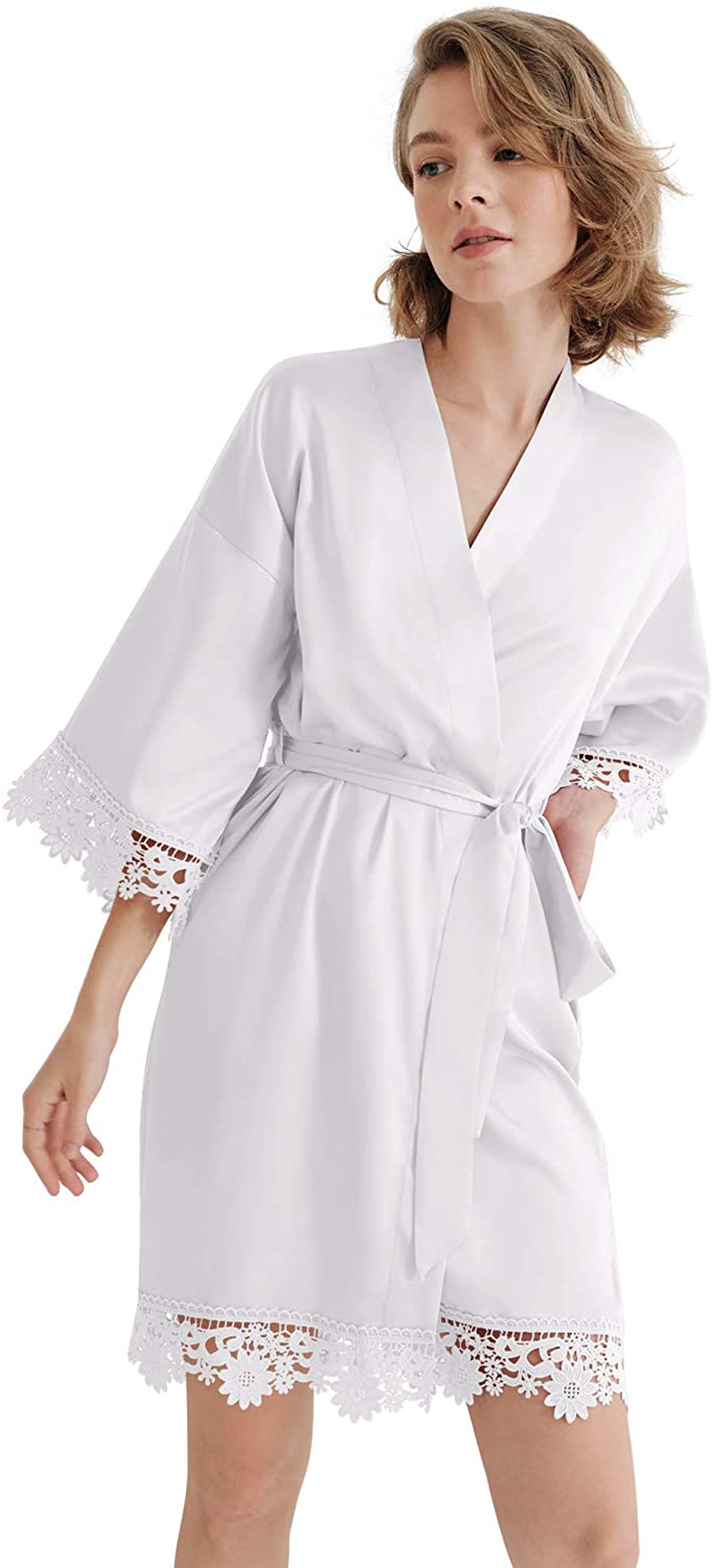 SIORO Women'S Satin Robe Lace Silk Kimono Robes Short for Bridesmaid Wedding Party Nightgown, Small~X-Large Apparel & Accessories > Clothing > Sleepwear & Loungewear > Robes KYLIE MAX White Medium 