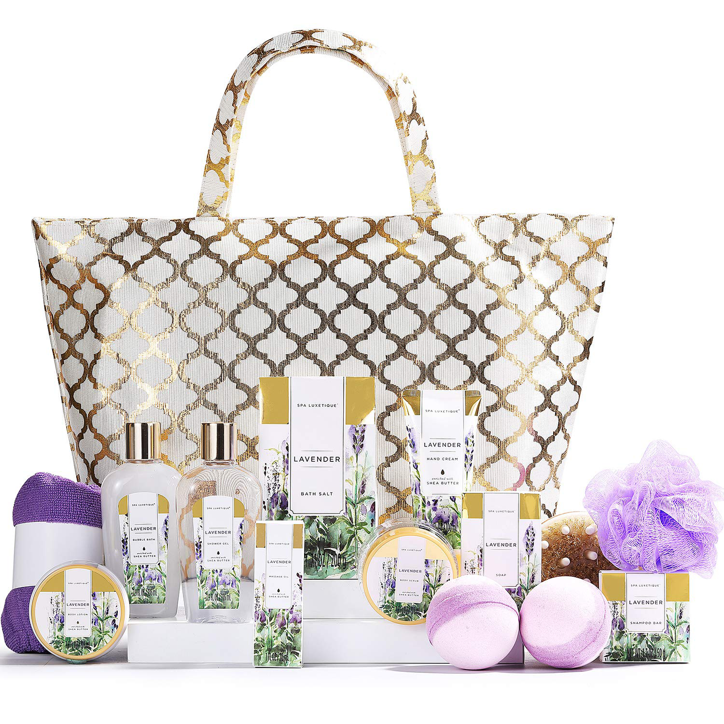 Spa Luxetique Spa Gift Basket, Gift Set for Women - 15pcs Lavender Spa Baskets, Relaxing Spa Kit Includes Bubble Bath, Bath Bombs, Massage Oil, Bath Set for Women Gifts, Christmas Gifts for Women. Arts & Entertainment > Party & Celebration > Gift Giving spa luxetique   