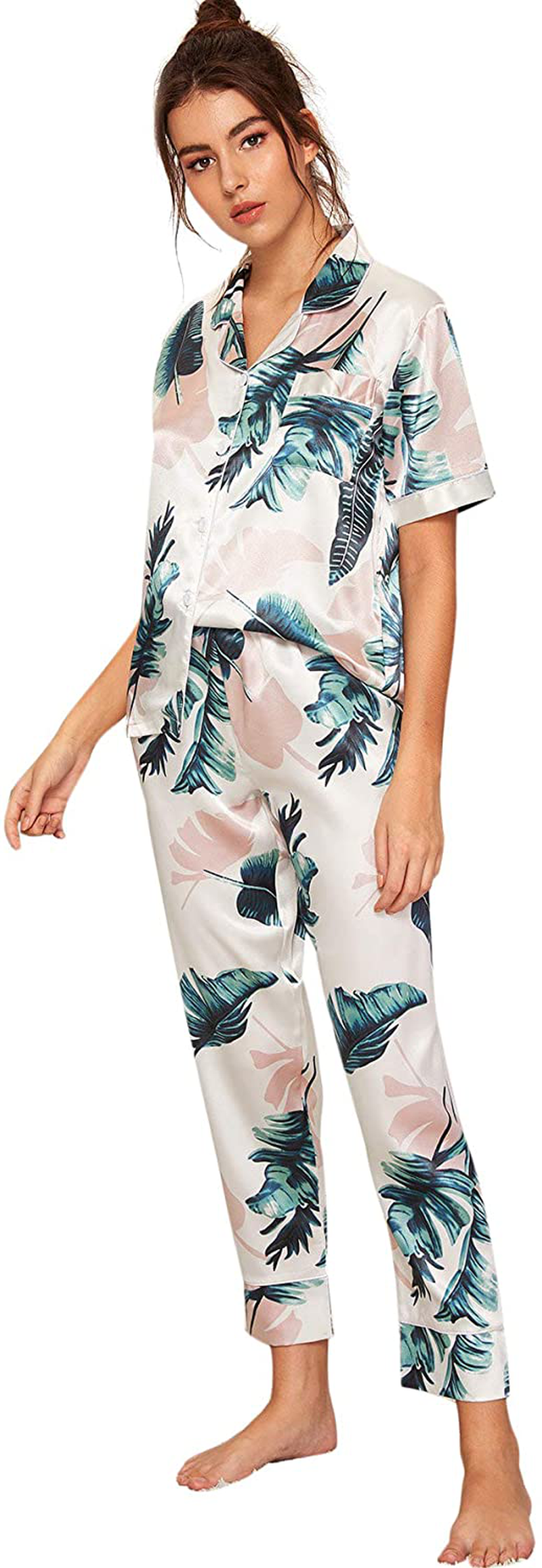 Floerns Women'S Printed Two Piece Short Sleeve Sleepwear Long Pants Silk Pajamas Sets Apparel & Accessories > Clothing > Sleepwear & Loungewear Kylie Max   
