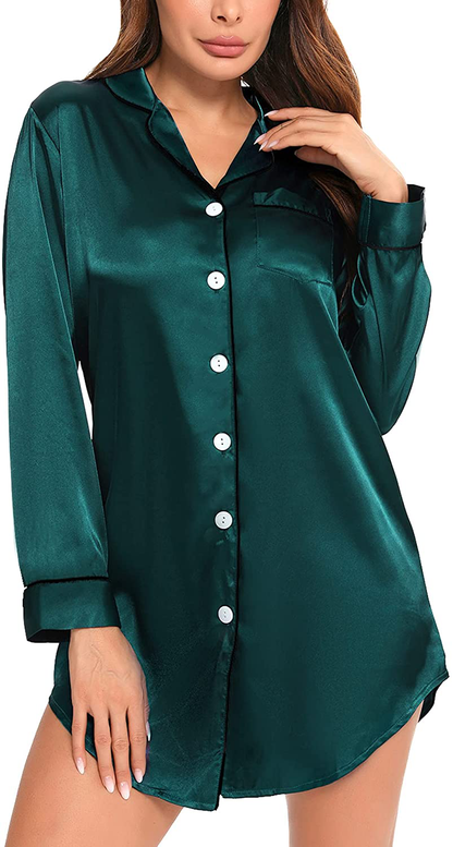 SWOMOG Women'S Satin Sleep Shirt Long Sleeve Sleepwear Silk Nightshirt Button down Pajama Top Apparel & Accessories > Clothing > Sleepwear & Loungewear > Nightgowns Kylie Max   