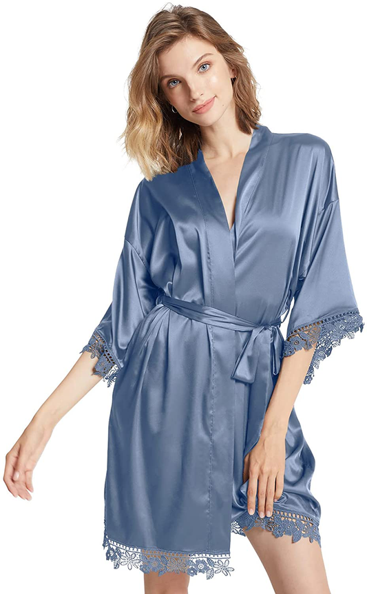 AW BRIDAL Women'S Lace Trim Silk Robe Satin Robe for Bridal Robe Bride Robe Bridesmaids Robes Wedding Nightgown, S-XL Apparel & Accessories > Clothing > Sleepwear & Loungewear > Robes AW BRIDAL Dusty Blue Small 
