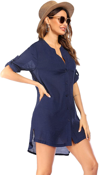 Ekouaer Women'S Cover up Shirt V-Neck Swimsuit Beach Bikini Beachwear Button down Bathing Suit S-3XL Apparel & Accessories > Clothing > Swimwear Kylie Max   
