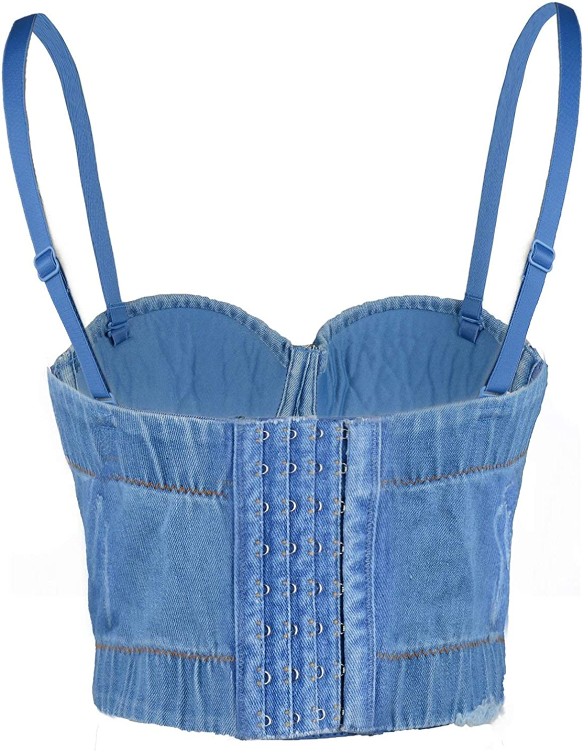 ELLACCI Women'S Tassel Rhinestone Denim Bustier Crop Top Jean Corset Top Bra Blue Apparel & Accessories > Clothing > Underwear & Socks > Lingerie ELLACCI   