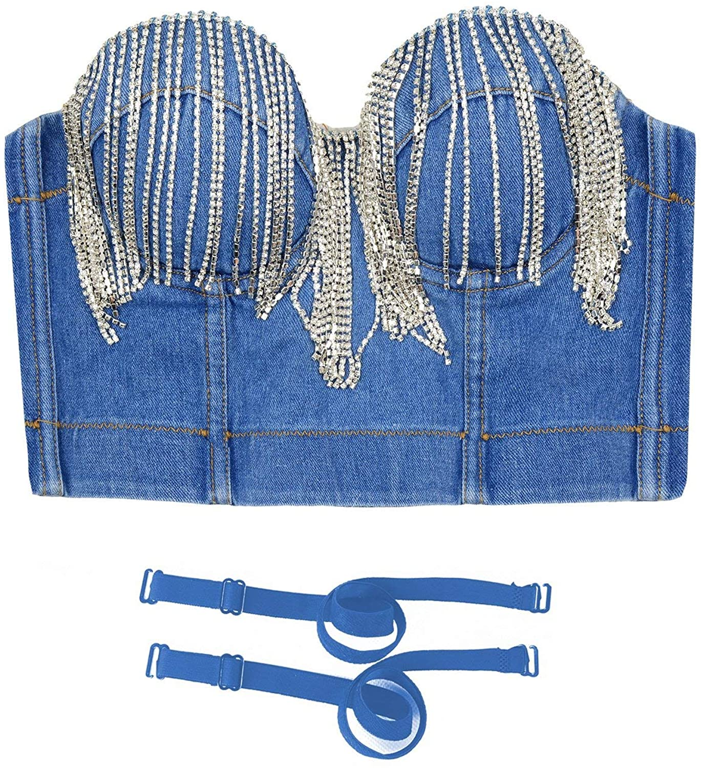 ELLACCI Women'S Tassel Rhinestone Denim Bustier Crop Top Jean Corset Top Bra Blue Apparel & Accessories > Clothing > Underwear & Socks > Lingerie ELLACCI   
