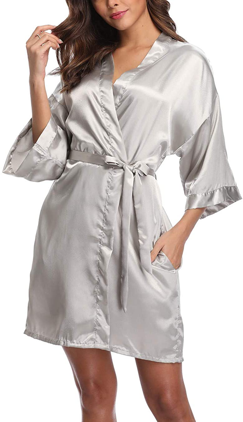 Old-Times Women'S Pure Color Silk Kimono Short Robes for Bridesmaids and Bride Apparel & Accessories > Clothing > Sleepwear & Loungewear > Robes Old-Times Grey X-Large 