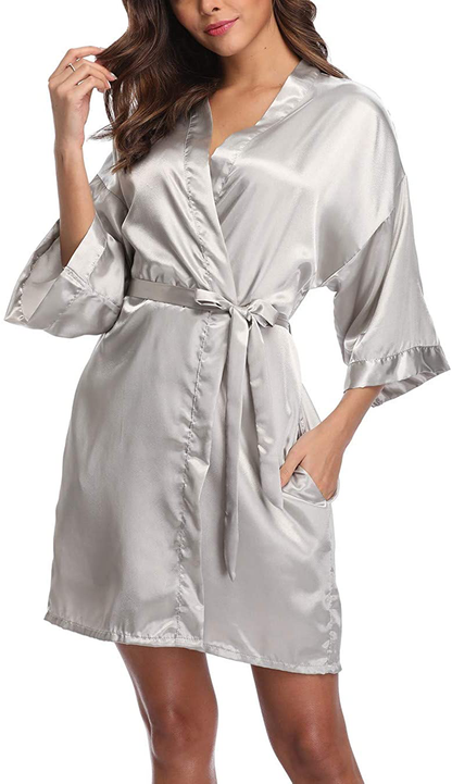Old-Times Women'S Pure Color Silk Kimono Short Robes for Bridesmaids and Bride Apparel & Accessories > Clothing > Sleepwear & Loungewear > Robes Old-Times Grey X-Large 