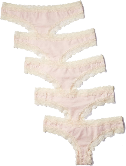 Iris & Lilly Women'S Cotton and Lace Thong Underwear, Pack of 5 Apparel & Accessories > Clothing > Underwear & Socks > Underwear Iris & Lilly Pale Pink XX-Small 