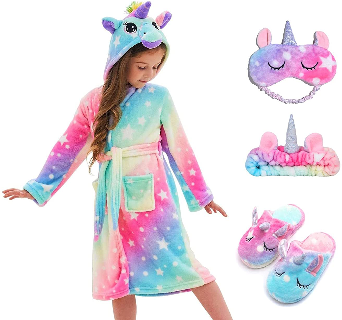 Soft Unicorn Hooded Robe with Matching Slippers Headband and Blindfold for Girls Apparel & Accessories > Clothing > Sleepwear & Loungewear > Robes Kylie Max   