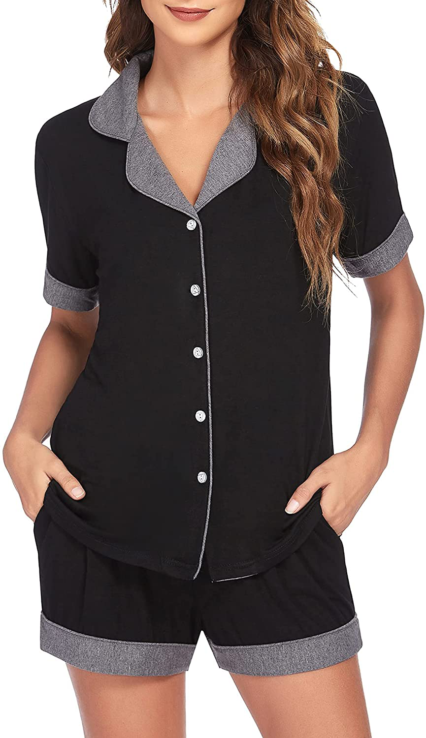 Ekouaer Pajamas Set Short Sleeve Sleepwear Womens Button Down Nightwear Soft Pj Lounge Sets XS-XXL Apparel & Accessories > Clothing > Sleepwear & Loungewear > Pajamas Ekouaer Type 2-black Medium 
