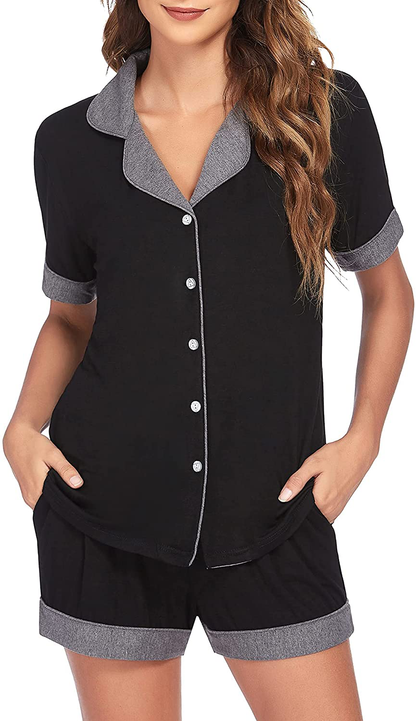 Ekouaer Pajamas Set Short Sleeve Sleepwear Womens Button Down Nightwear Soft Pj Lounge Sets XS-XXL Apparel & Accessories > Clothing > Sleepwear & Loungewear > Pajamas Ekouaer Type 2-black Medium 