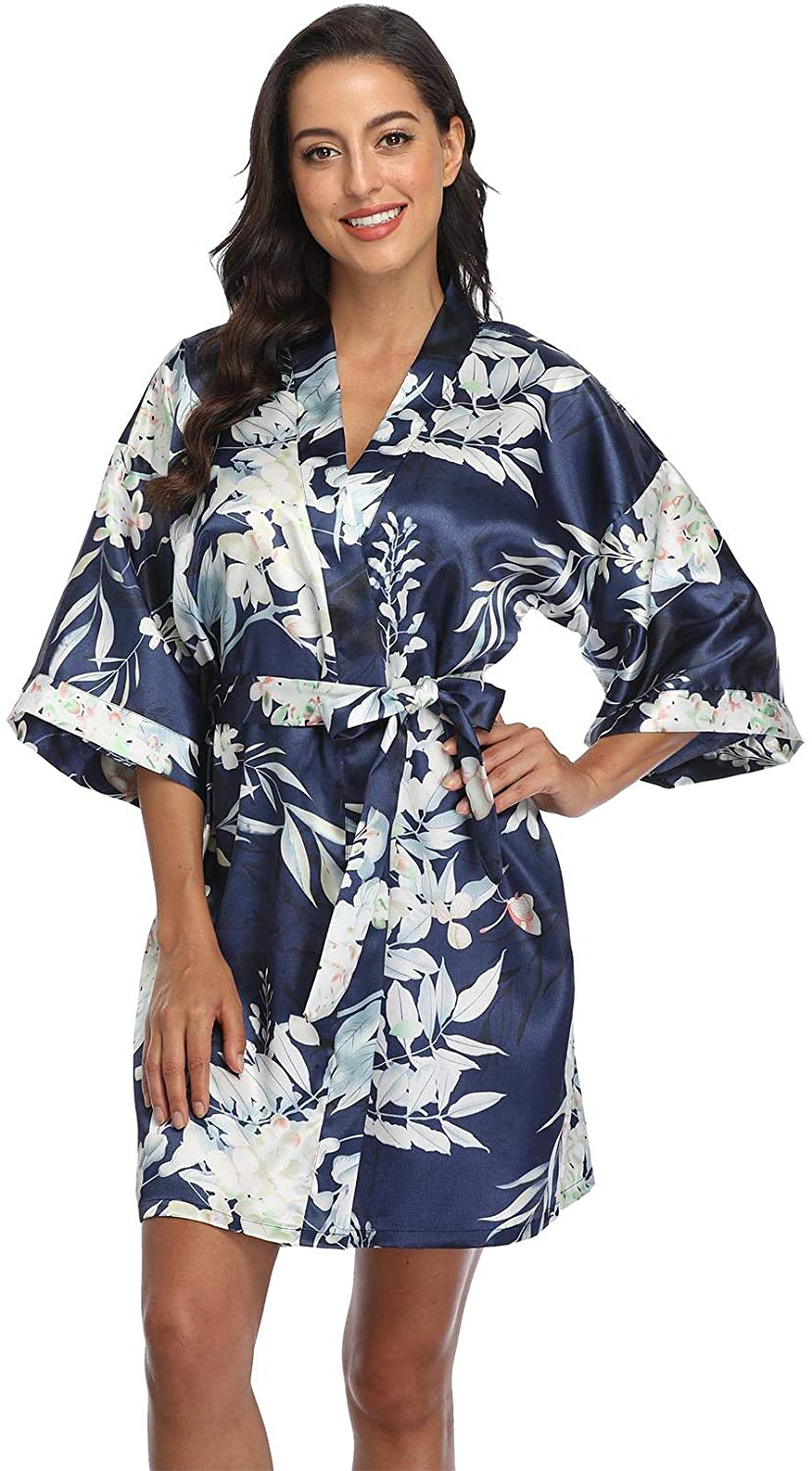 Season Dressing Women Floral Robes Bridesmaids Short Satin Kimono Sleepwear for Wedding Party Apparel & Accessories > Clothing > Sleepwear & Loungewear > Robes season dressing Campanula Navy X-Large 