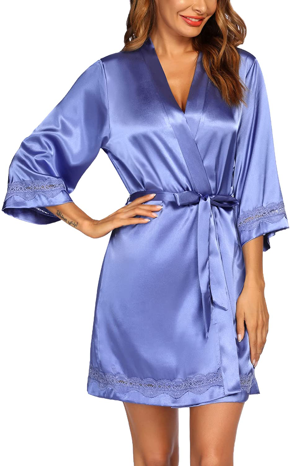 Ekouaer Women'S Lace-Trim Kimono Style Short Satin Robe Sleepwear with 3/4 Sleeve Apparel & Accessories > Clothing > Sleepwear & Loungewear > Robes Kylie Max   