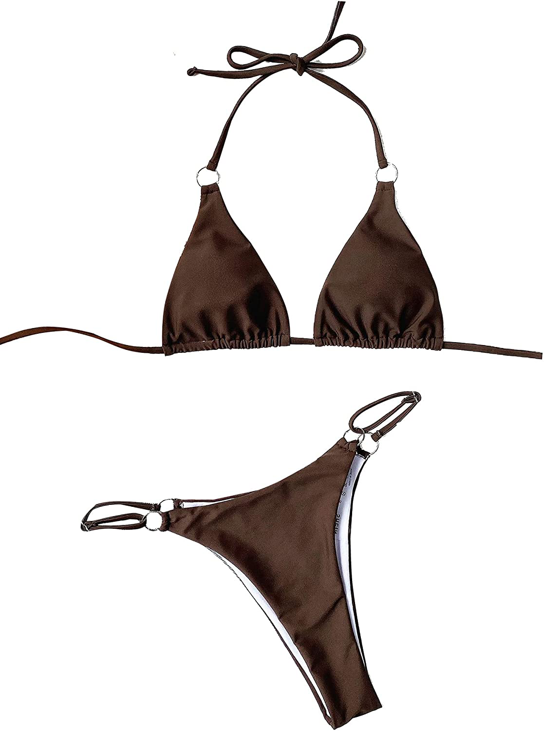 SOLY HUX Women's Halter Triangle Tie Side Bikini 2 Piece Swimsuits Apparel & Accessories > Clothing > Swimwear SOLY HUX Chocolate Brown Solid Large 