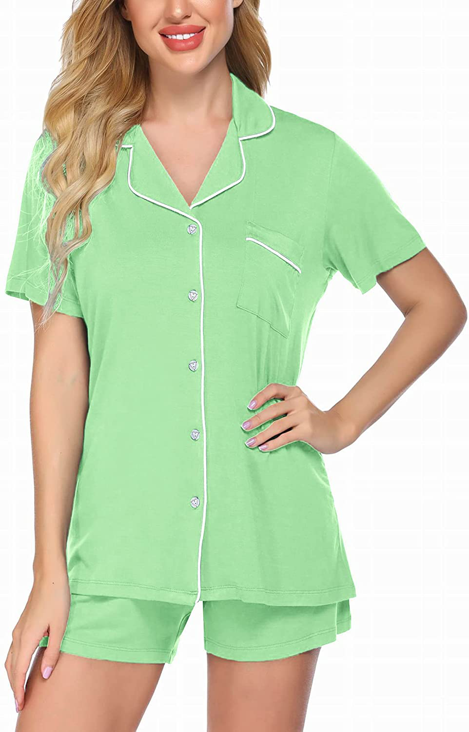 Ekouaer Pajamas Set Short Sleeve Sleepwear Womens Button Down Nightwear Soft Pj Lounge Sets XS-XXL Apparel & Accessories > Clothing > Sleepwear & Loungewear > Pajamas Ekouaer Light Green Small 