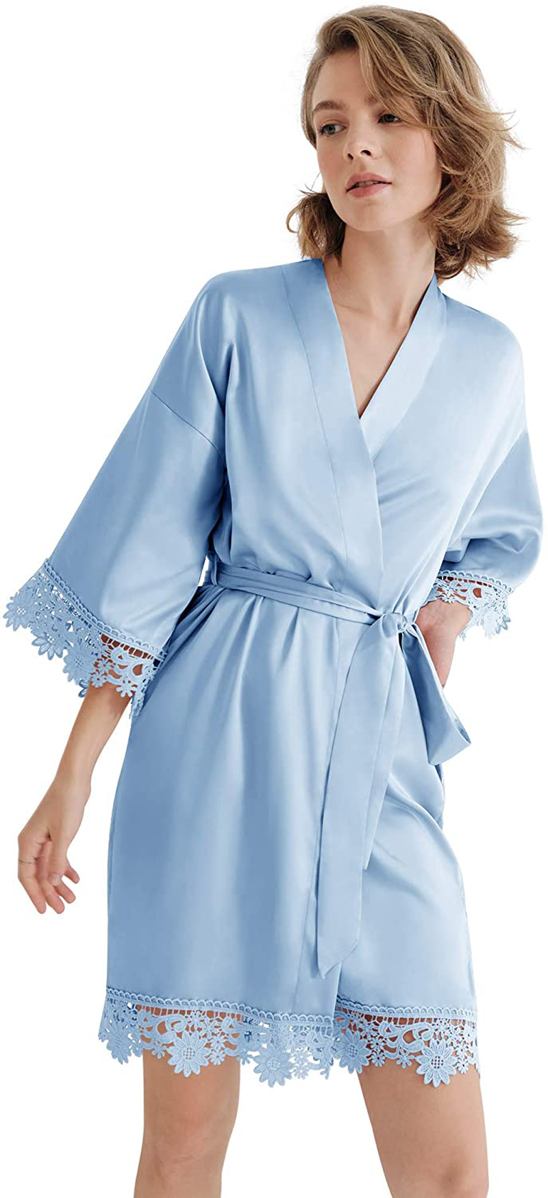 SIORO Women'S Satin Robe Lace Silk Kimono Robes Short for Bridesmaid Wedding Party Nightgown, Small~X-Large Apparel & Accessories > Clothing > Sleepwear & Loungewear > Robes KYLIE MAX Light Blue Medium 