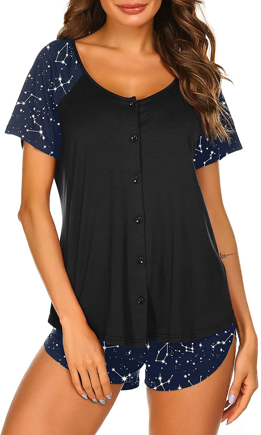 Ekouaer Women's Pajama Short Sleeve Sleepwear Soft Pj Set Top and Shorts Pajamas Set Apparel & Accessories > Clothing > Sleepwear & Loungewear > Pajamas Ekouaer Style 1_blue Stars Large 
