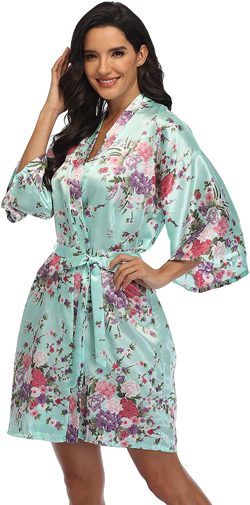 Women'S Floral Bride Bridesmaids Robe Satin Wedding Kimono Bridal Dressing Gown Sleepwear Apparel & Accessories > Clothing > Sleepwear & Loungewear > Robes Mignon Cromwell Green Large-X-Large 