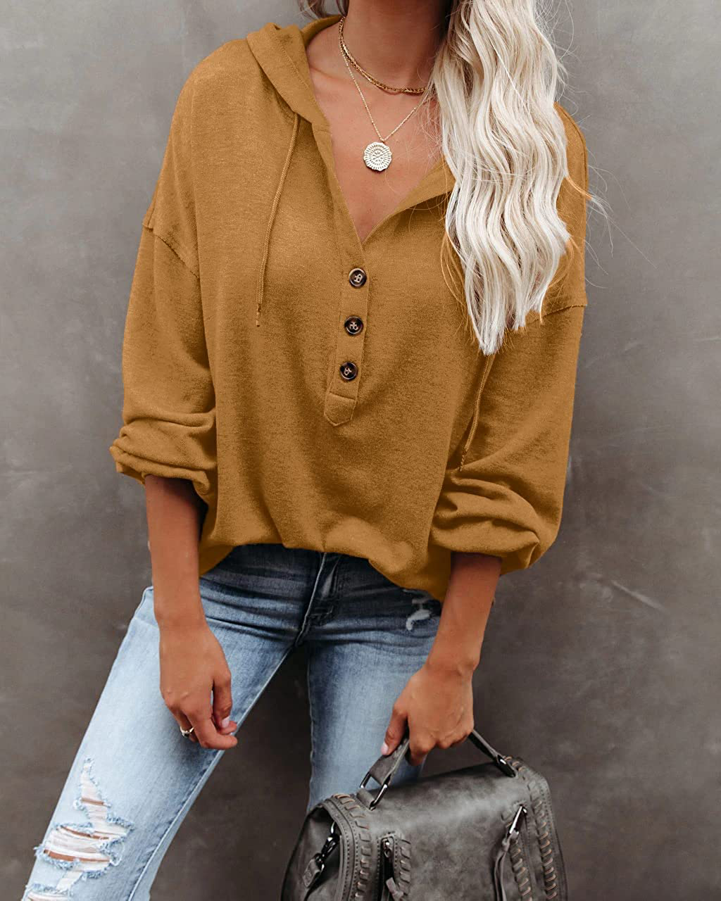 REVETRO Womens V Neck Long Sleeve Henley Shirts Button down Sweatshirts Hoodies Tunic Tops with Drawstring Apparel & Accessories > Clothing > Activewear Kylie Max   