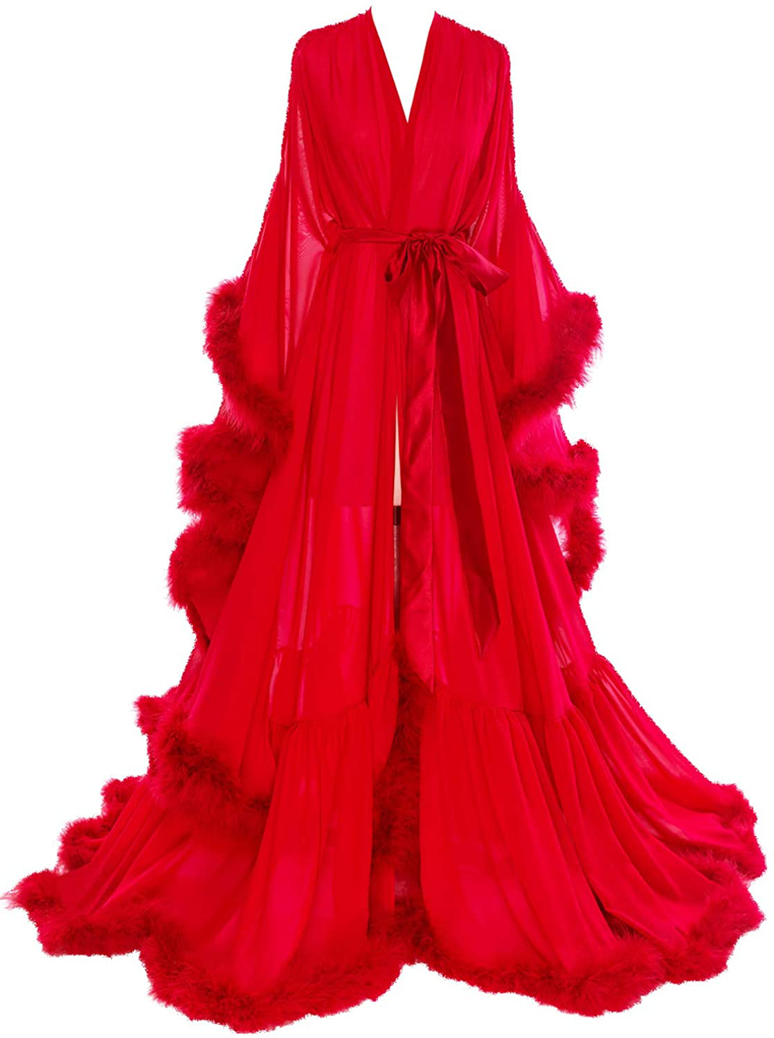 Molisa Women'S Sexy Feather Bridal Robe Long Wedding Scarf Illusion Bathrobe Sleepwear Lingerie Robe Nightgown Apparel & Accessories > Clothing > Sleepwear & Loungewear > Robes Molisa Red 3X-Large 