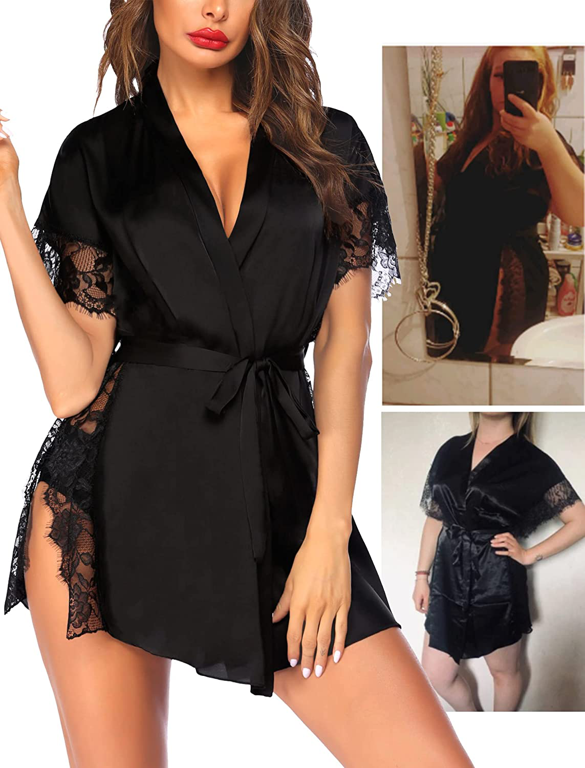 Avidlove Women Lingerie Robe Satin Sleepwear Eyelash Lace Kimono Side Split Sexy Silk Robes Apparel & Accessories > Clothing > Sleepwear & Loungewear > Robes Avidlove   