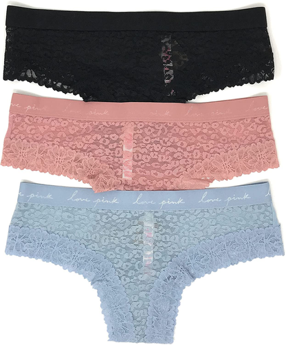 Victoria'S Secret Pink Cheekster Panty Set of 3  Victoria's Secret Lace Black / Damsel Pink / Lt Teal Small 