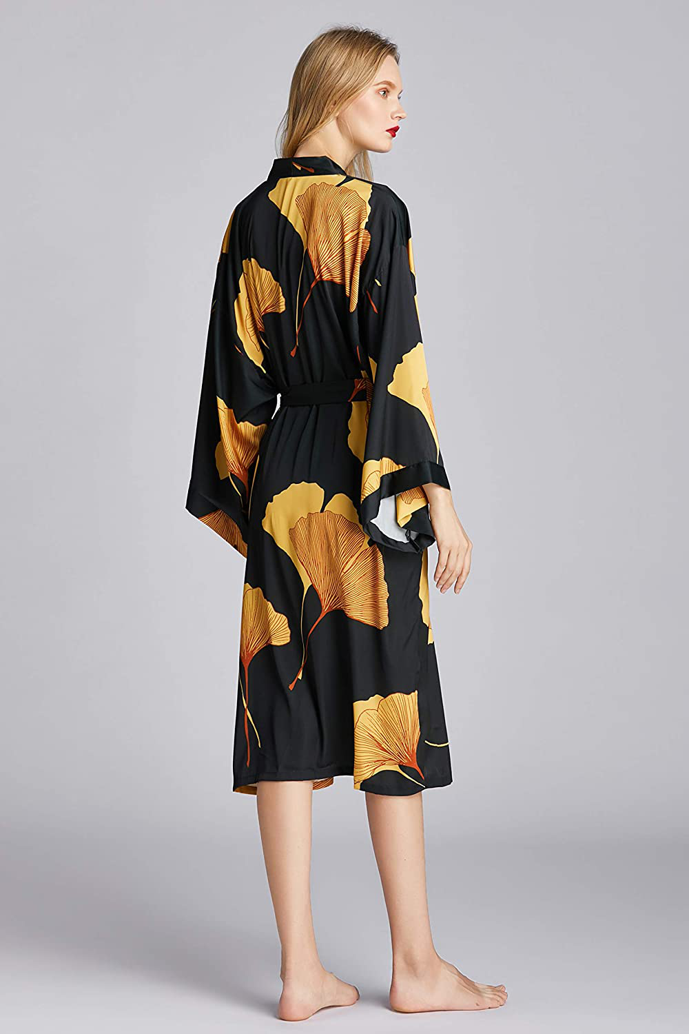 EORUBE Women'S Kimono Robe Long Ginkgo Leaf Printed Satin Robe Bride Bridesmaid Dressing Gown Apparel & Accessories > Clothing > Sleepwear & Loungewear > Robes EORUBE   