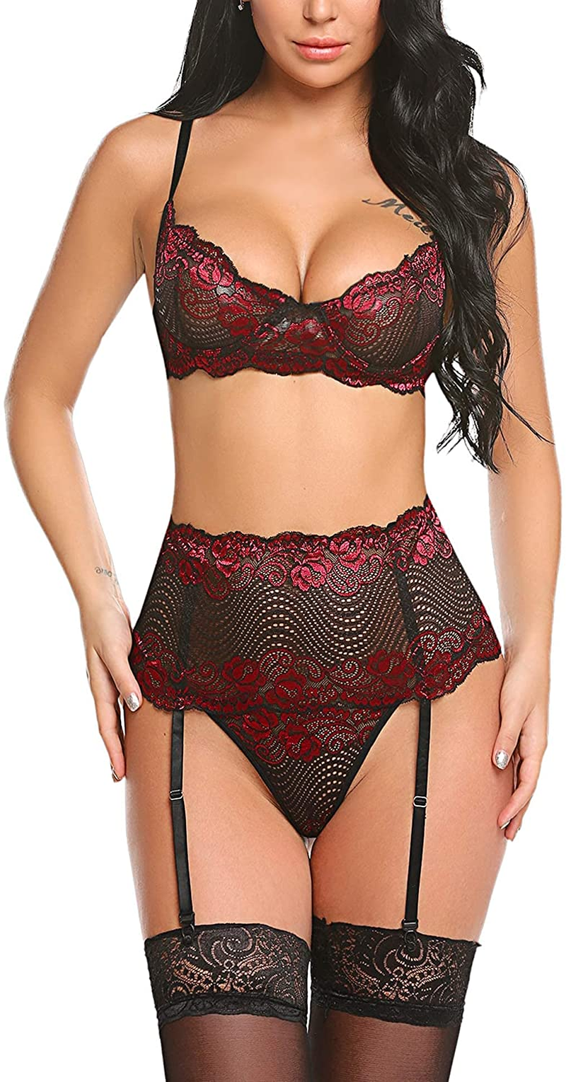 Avidlove Women Lingerie Set with Garter Belts Sexy Bra and Panty High Waist Lingerie Underwire Wine Red Large&Black Large Apparel & Accessories > Clothing > Underwear & Socks > Lingerie Avidlove   